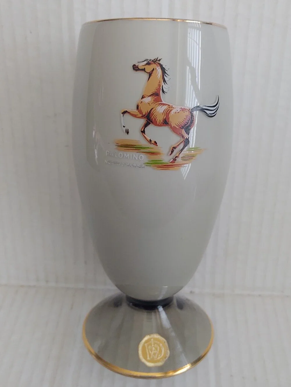 Palomino Horse Soft Gray with Gold Trim & Seal Stamp RARE Drinking Glass Cup